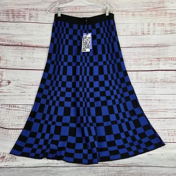 Future Collective Stretch Aline Midi Skirt M Black Blue Check Plaid Party NWT - Picture 2 of 12
